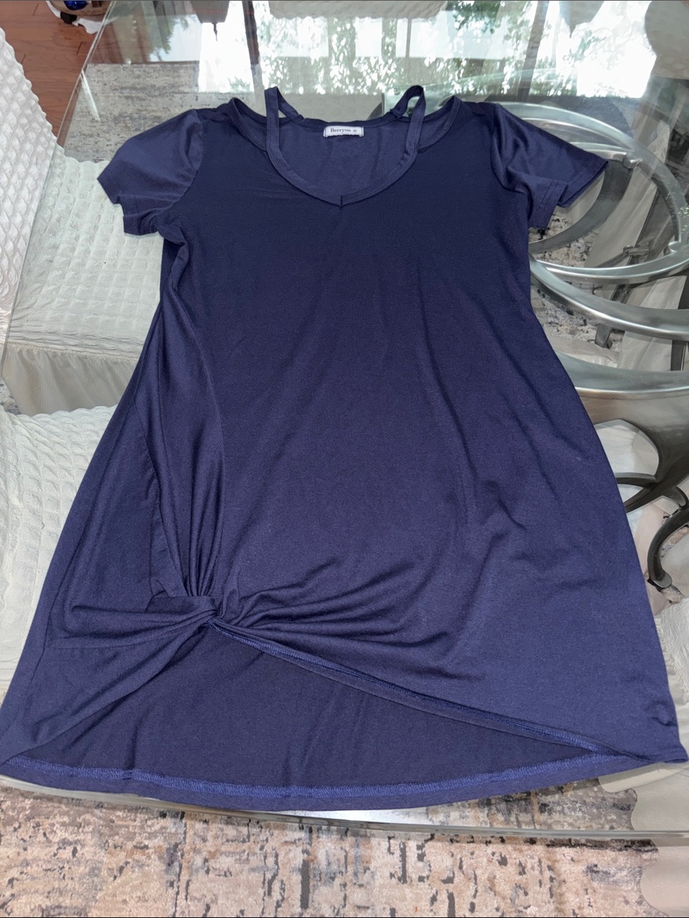 Berryou Knot-Hem Short Sleeve Mini Dress-Navy